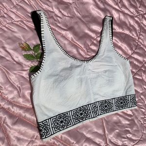 Embroidered crop top w/ leather straps, Sm